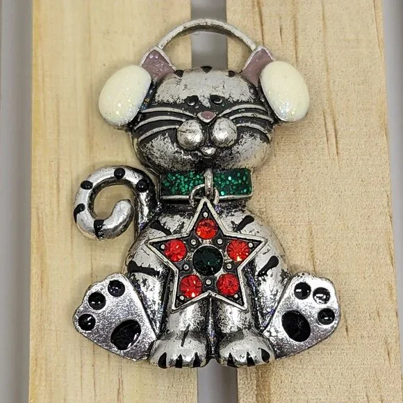 Vintage Cat Brooch With Star Pendant Silver-Tone Rhinestones Green Red Black - Picture 1 of 2